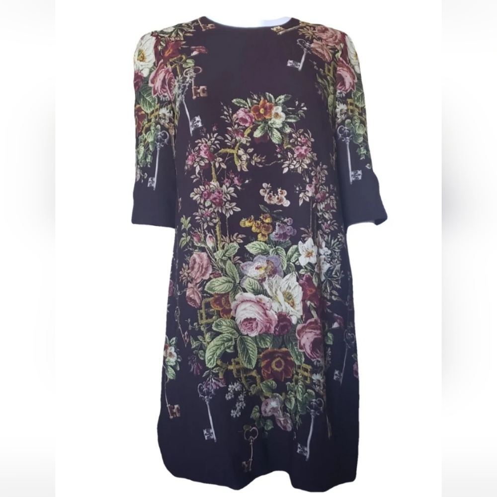 Dolce & Gabbana Burgundy Brown Floral Long Sleeve Shift Mini Dress